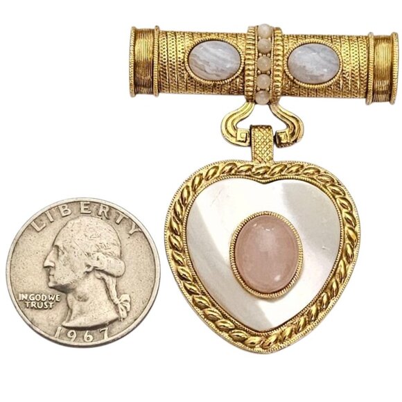 1928 Brand Gold Tone Blue Lace Agate Rose Quartz Brooch Heart Shell Inlay Dangle - Picture 6 of 8